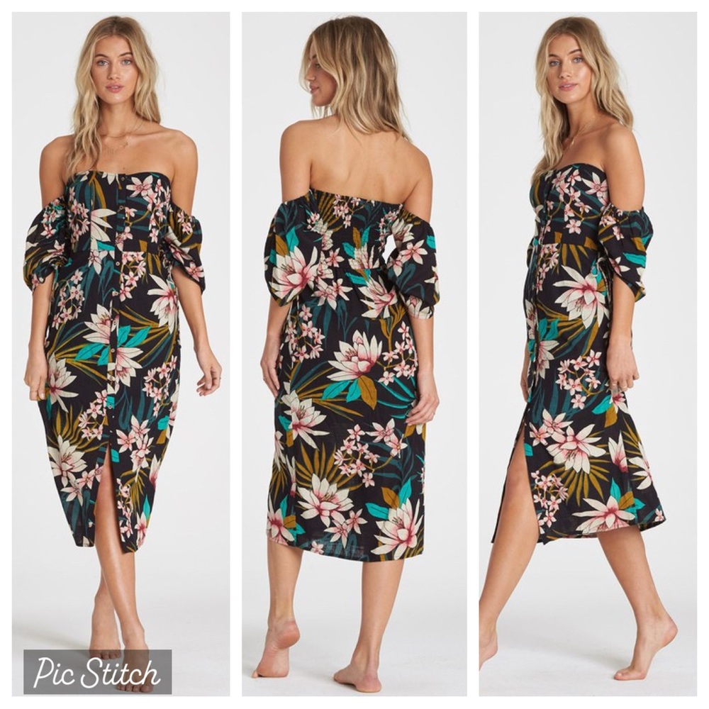 Billabong Love Tight Midi Floral Off-Shoulder Dress Small